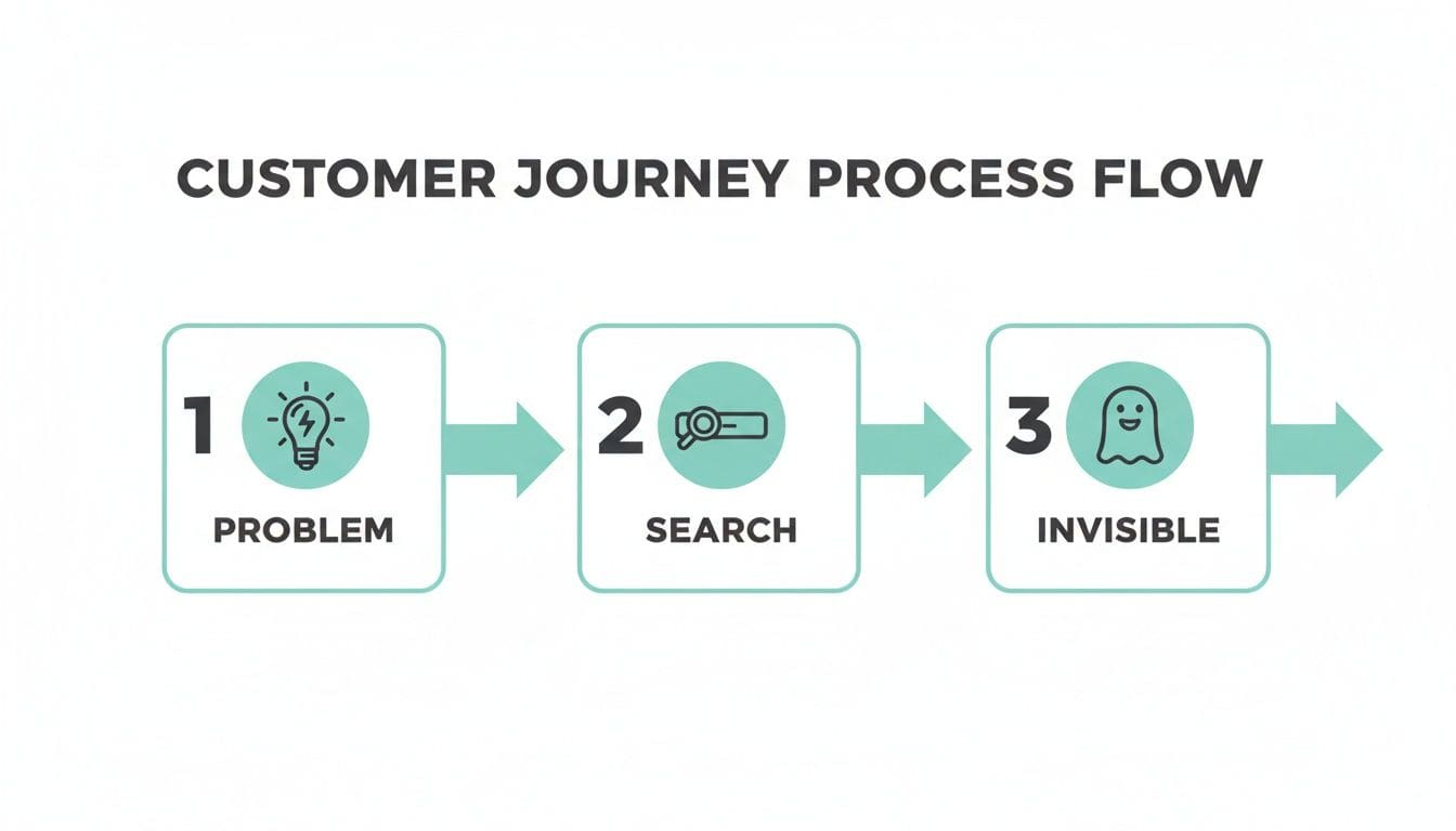 A three-step diagram illustrating the customer journey process flow: Problem, Search, and Invisible.