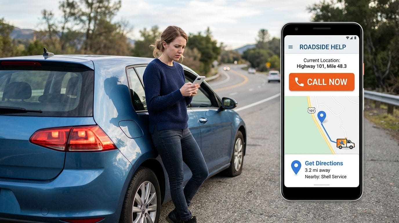 A distressed woman stands by her broken-down blue car on a highway, using a smartphone with a roadside assistance app.
