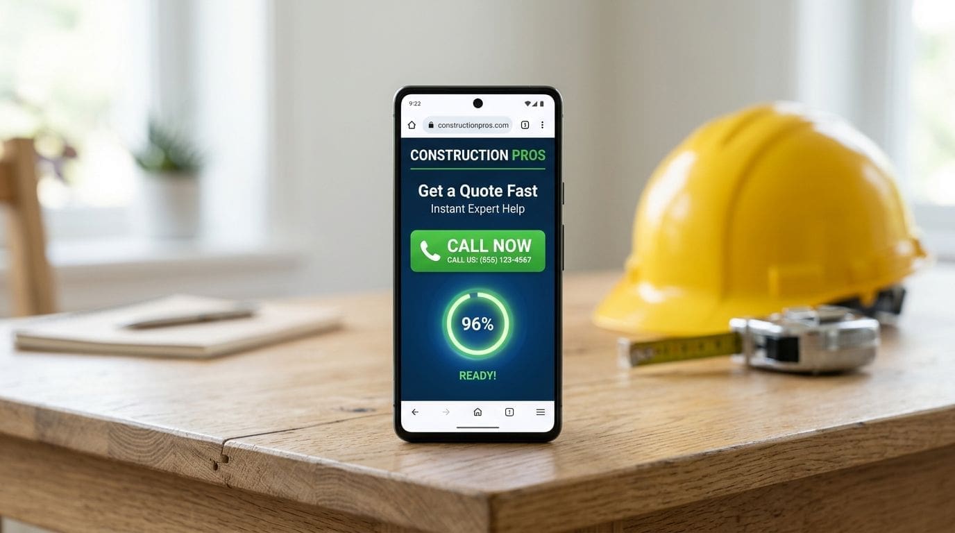 A smartphone on a wooden desk displaying a construction quote website next to a yellow hard hat.