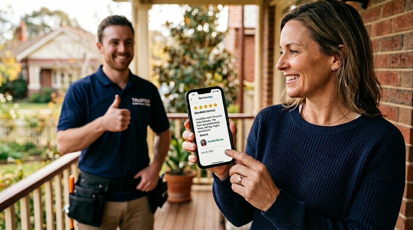 A happy contractor giving a thumbs up behind a customer checking a five-star review on her smartphone.
