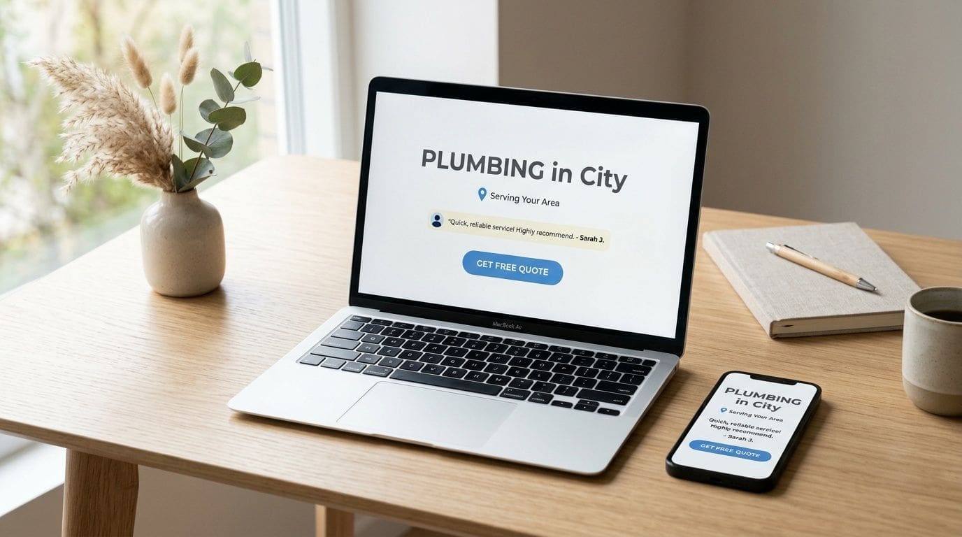 A modern laptop and a smartphone displaying a plumbing service website on a wooden desk with stationery.
