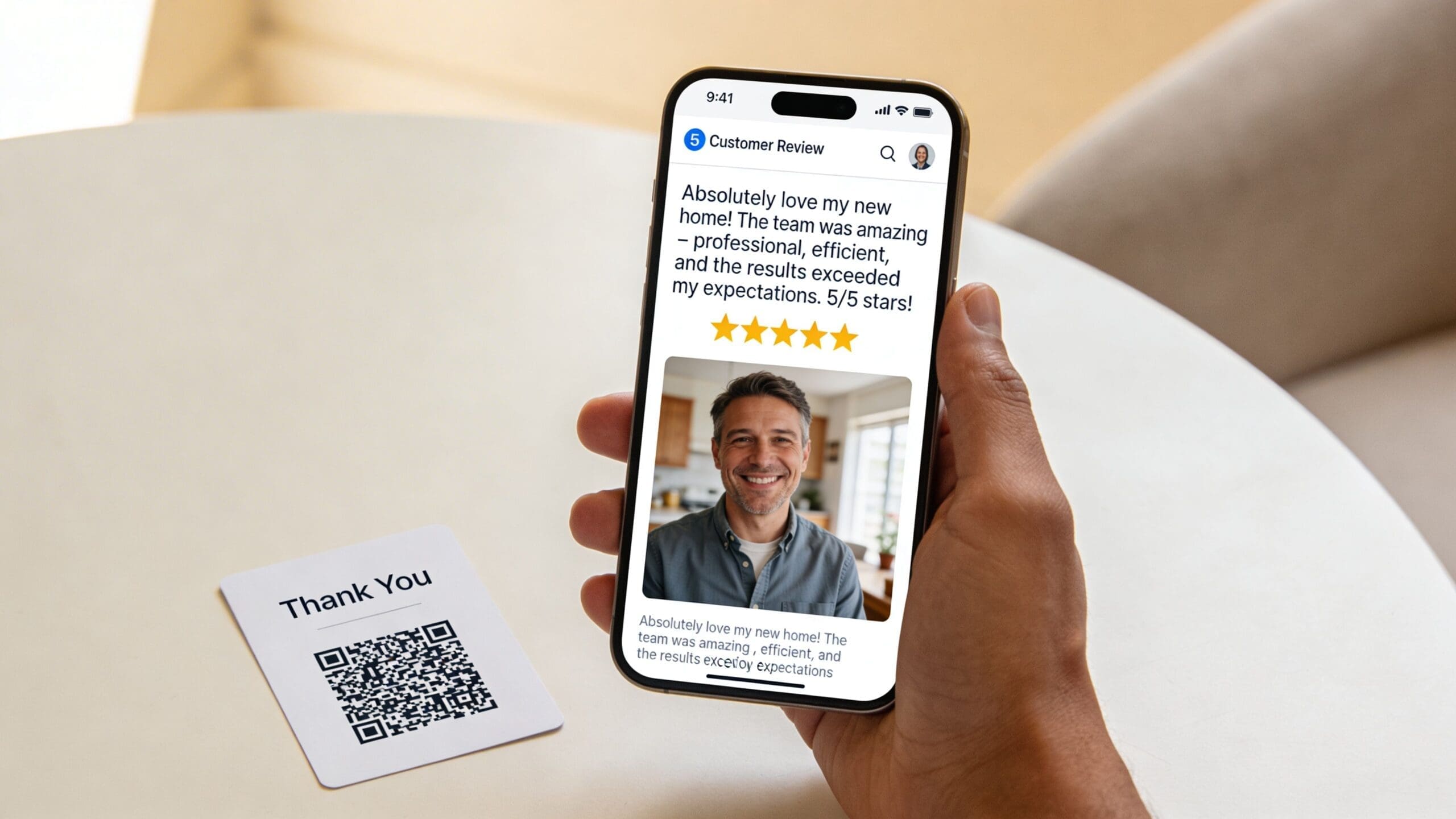 A hand holding a smartphone displaying a positive five-star customer review with a photo of a man.
