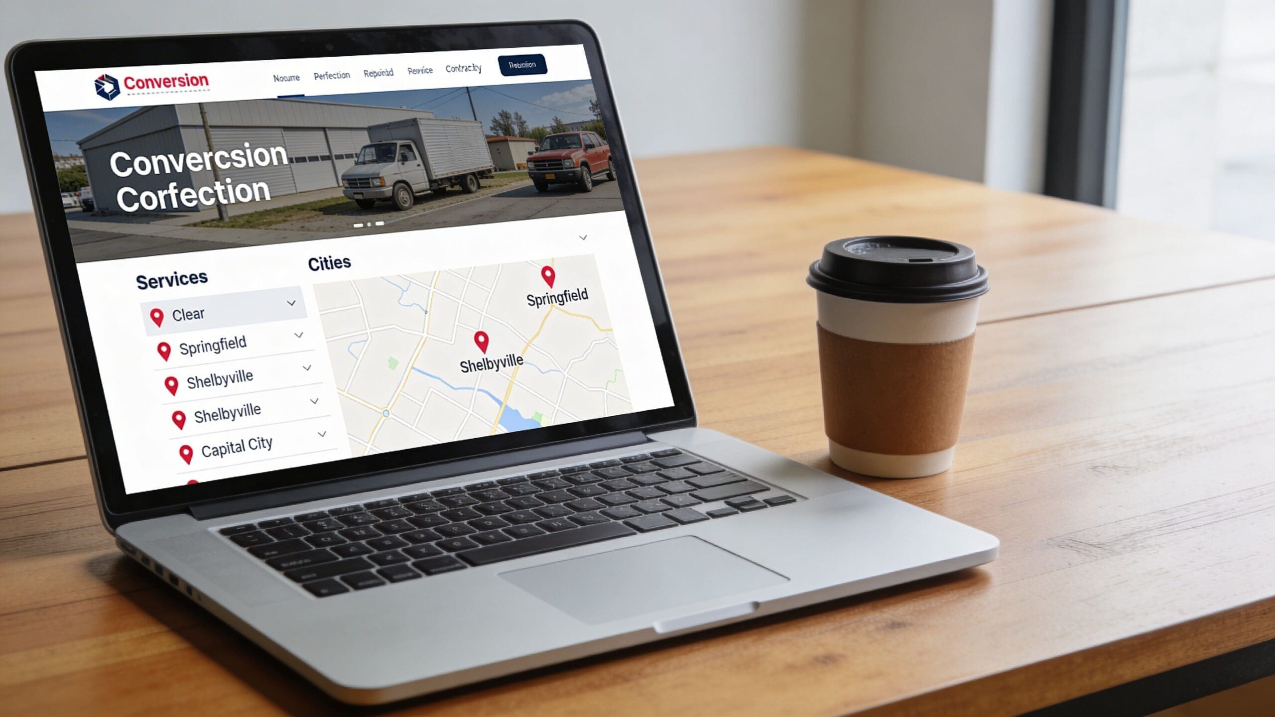 A laptop on a wooden desk displaying a website for contractor lead generation services near coffee.