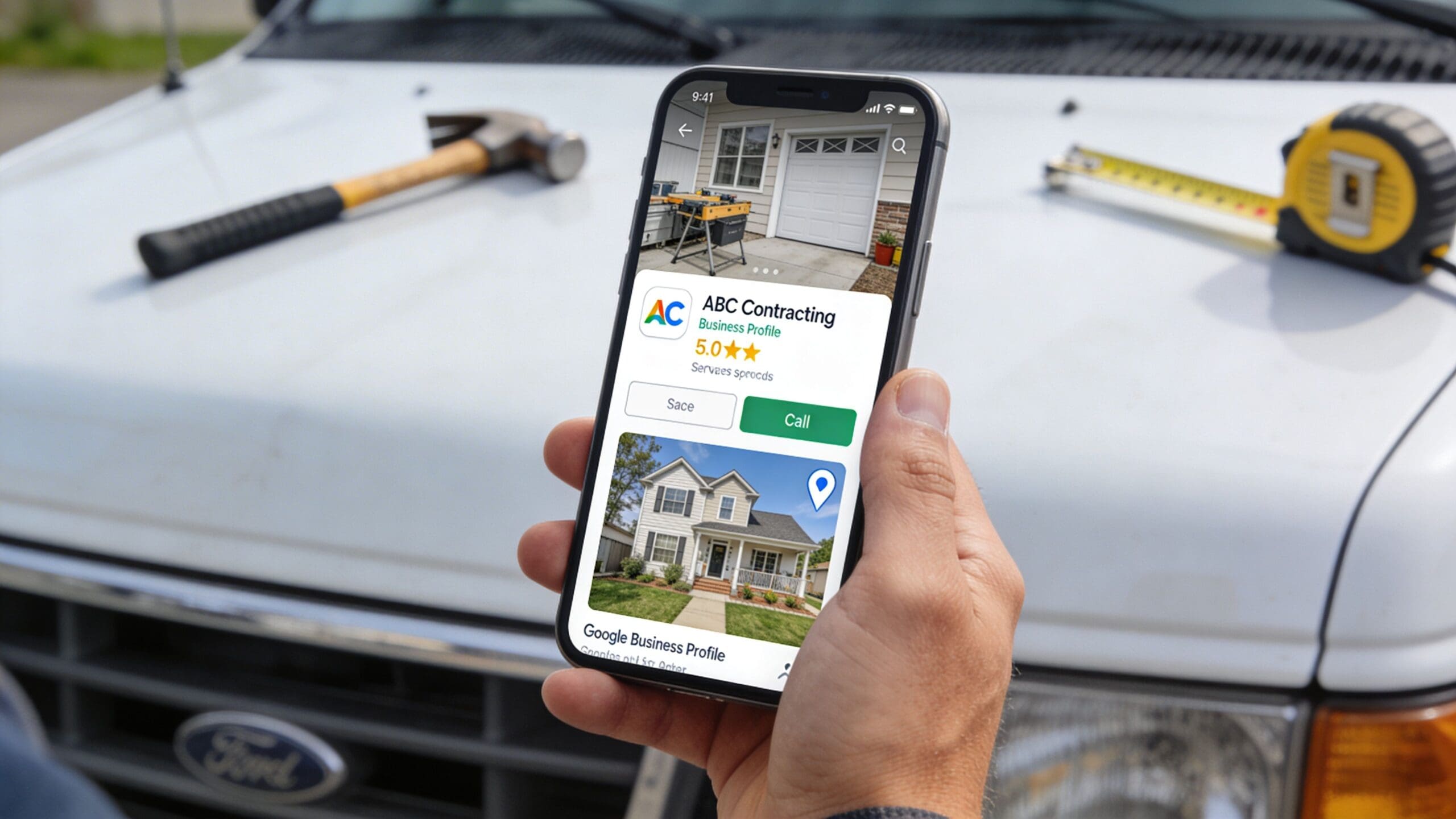 A hand holding a smartphone displaying an ABC Contracting Google Business Profile with a call button.