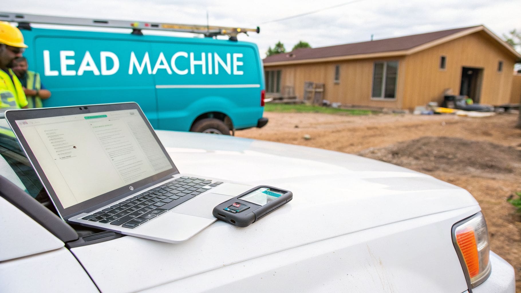 A laptop and handheld device on a white truck hood with a 'LEAD MACHINE' van and workers in the background.