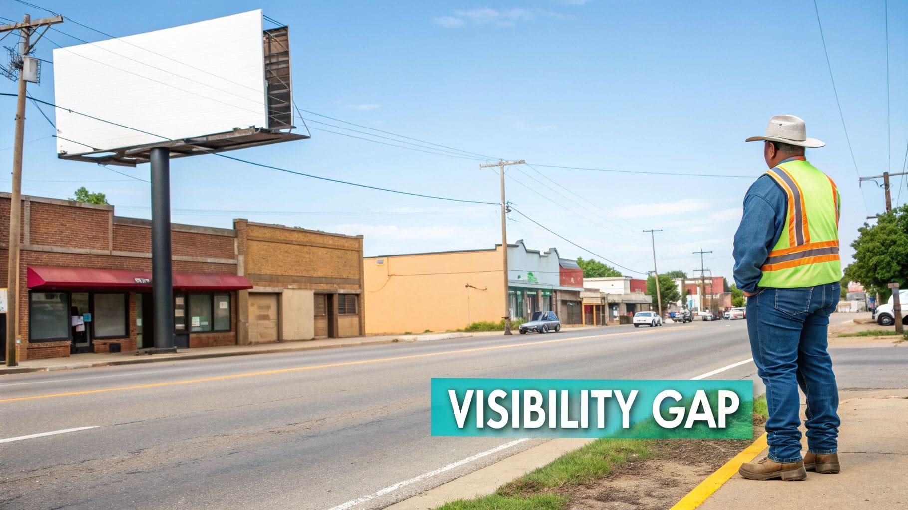 A man in a safety vest and hat looks down a street with old buildings and a large billboard.