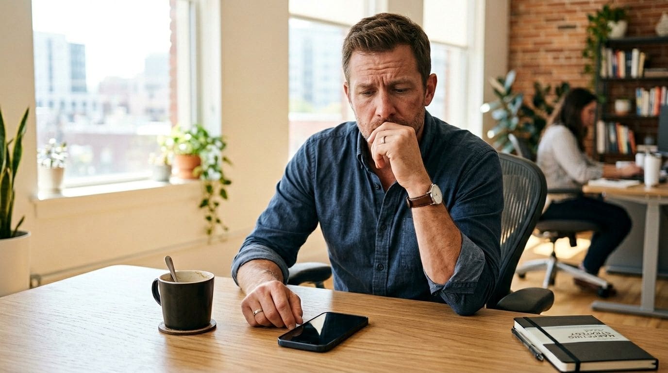 A focused man sitting at a desk in an office looking at his smartphone with a concerned expression.