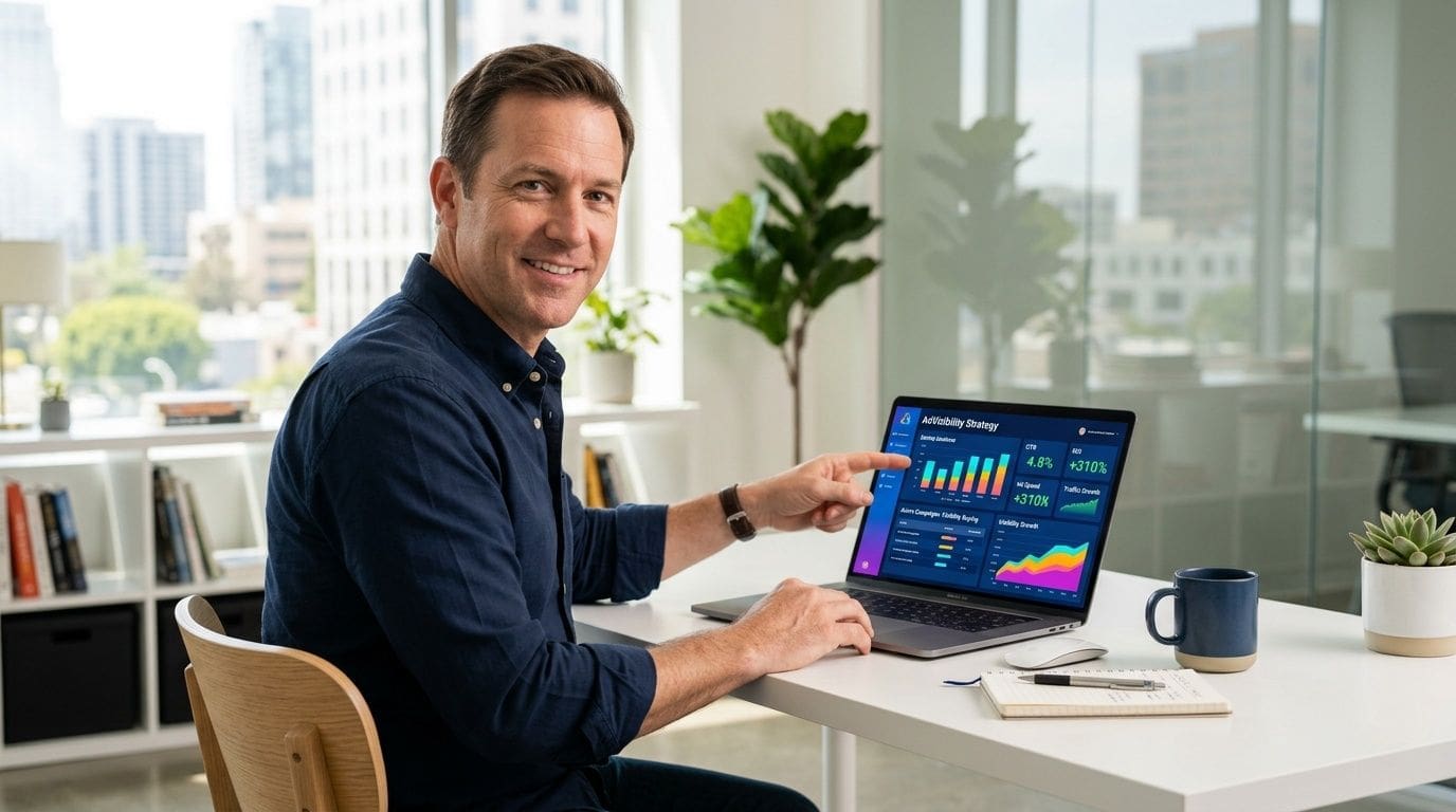 A professional man sits at a bright office desk, pointing at Google Ads analytics on his laptop screen.
