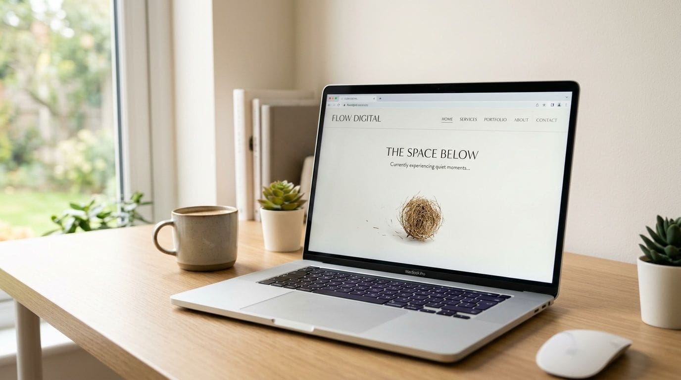 A modern laptop on a wooden desk displaying a website with a minimalist design and a tumbleweed illustration.