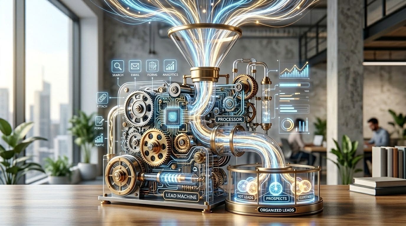 A complex 3D digital machine processes data streams into organized leads in a modern professional office setting.
