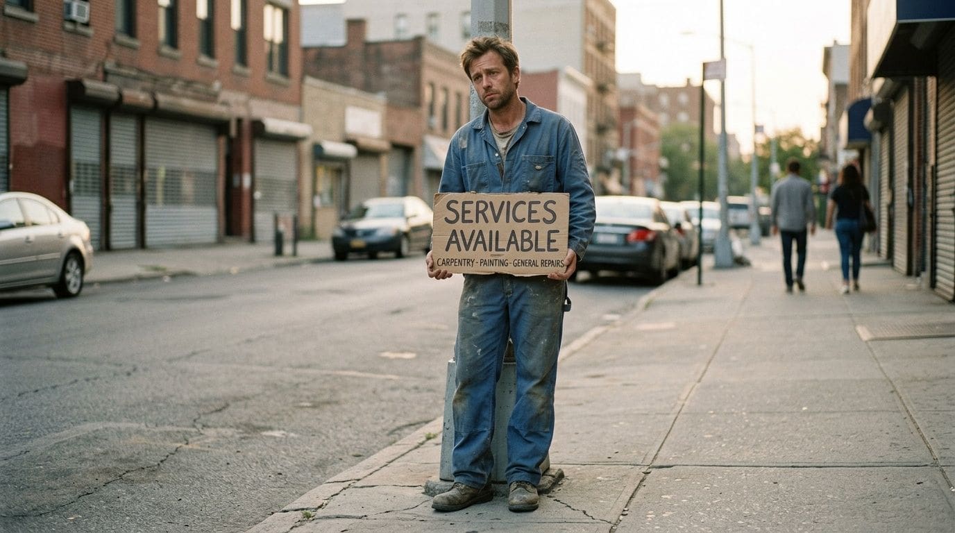 A man in work clothes stands on a city sidewalk holding a sign offering general repair services.