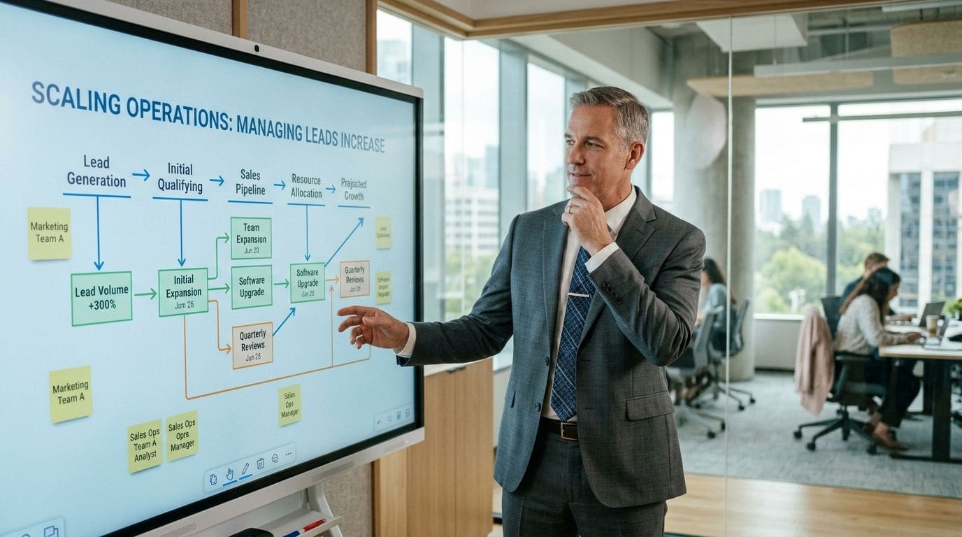 A professional man in a suit presenting a business workflow chart on a large digital screen.