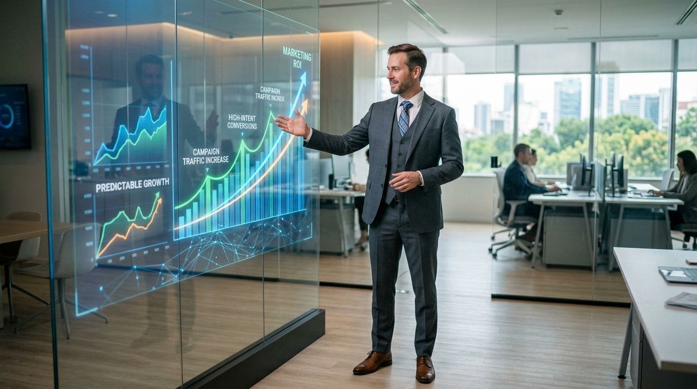 A professional businessman presenting data on a transparent glass board showcasing marketing growth and business performance charts.