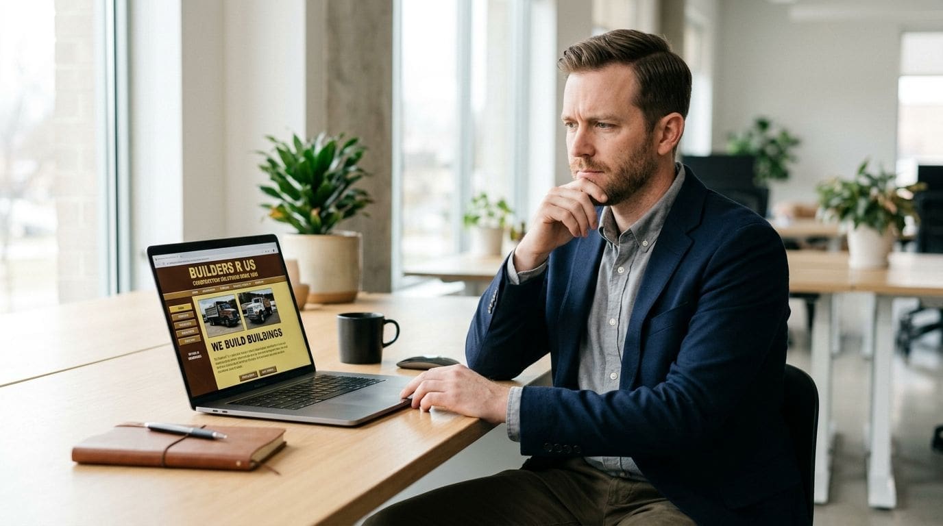 A professional man in a business suit sitting at a desk and reviewing a construction website on a laptop.