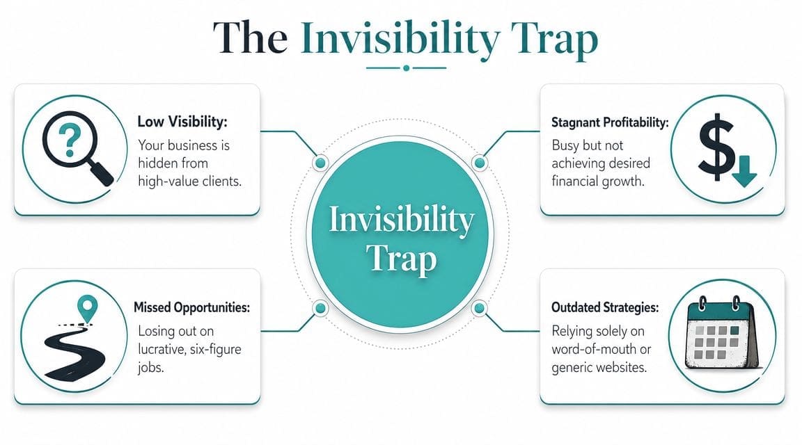 A diagram illustrating the Invisibility Trap, showing four business challenges: low visibility, stagnant profitability, missed opportunities, and outdated strategies.
