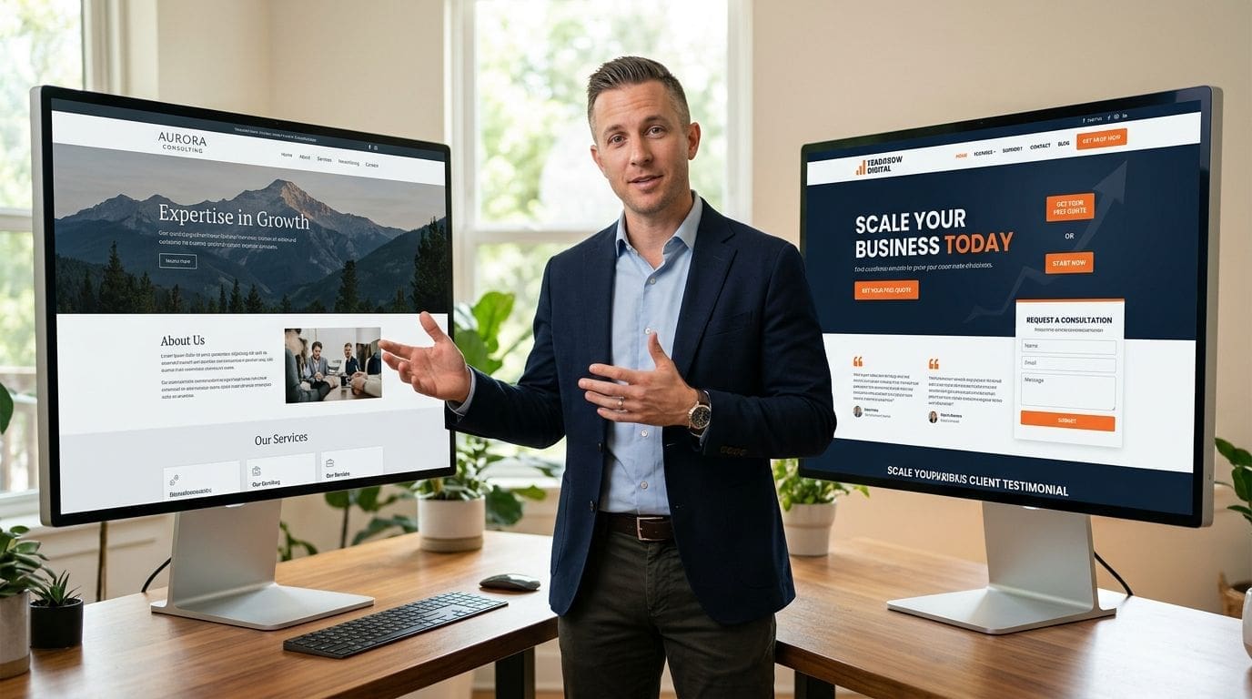 A professional business consultant stands between two computer monitors showcasing digital marketing website designs for small businesses.