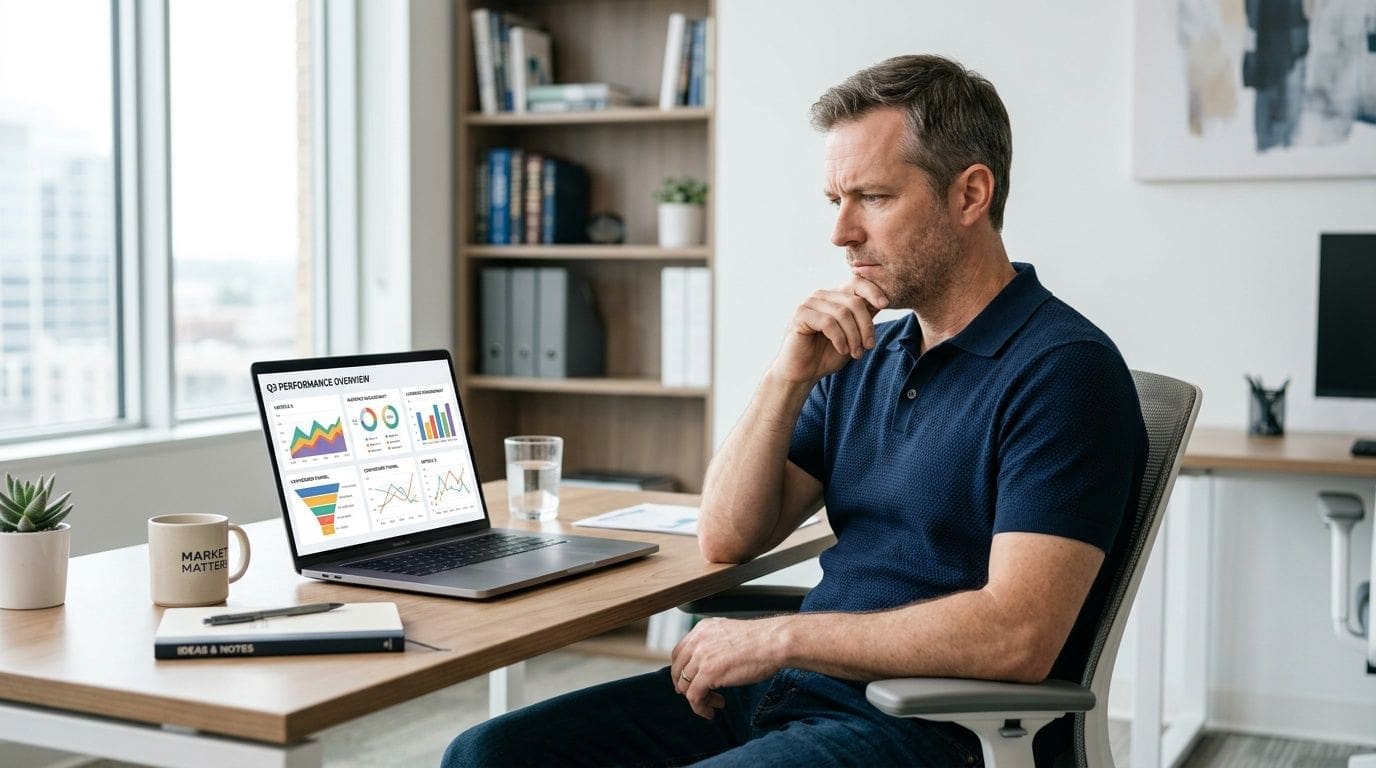 A professional man sitting at an office desk looking thoughtfully at performance data on his laptop screen.