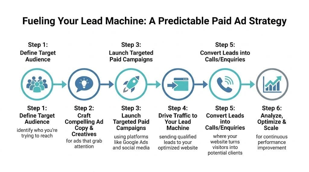 A six-step infographic guide titled Fueling Your Lead Machine showing a predictable paid advertisement strategy process.