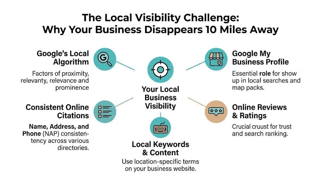 An infographic illustrating factors affecting local business visibility, including Google search algorithms, business profiles, and reviews.