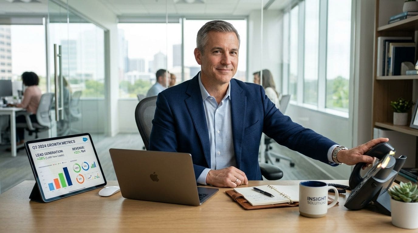 A professional man sitting at his office desk with a laptop, tablet, and phone, working on business growth.
