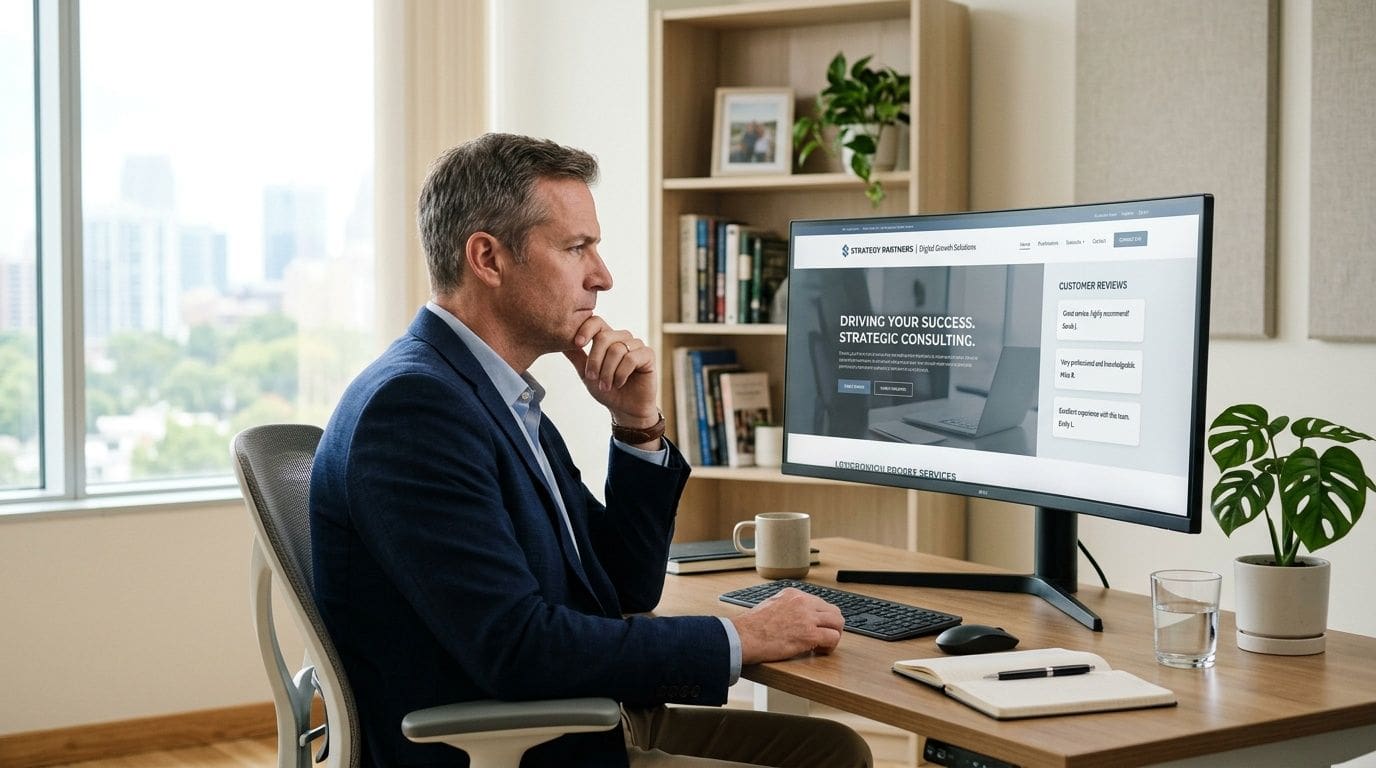 A professional man thoughtfully reviewing business growth strategies on his computer screen in a bright modern office.