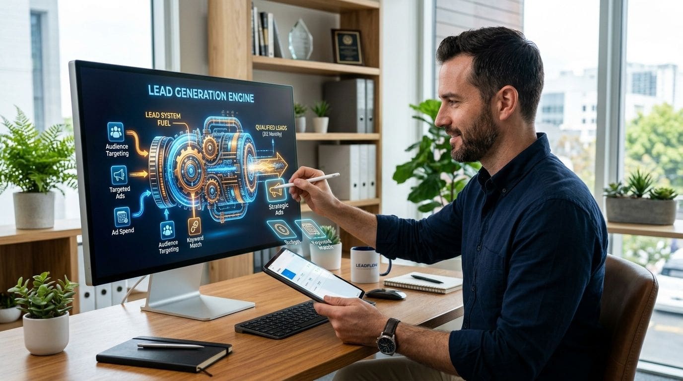 A professional man at his desk using a stylus to interact with a digital lead generation engine visualization.