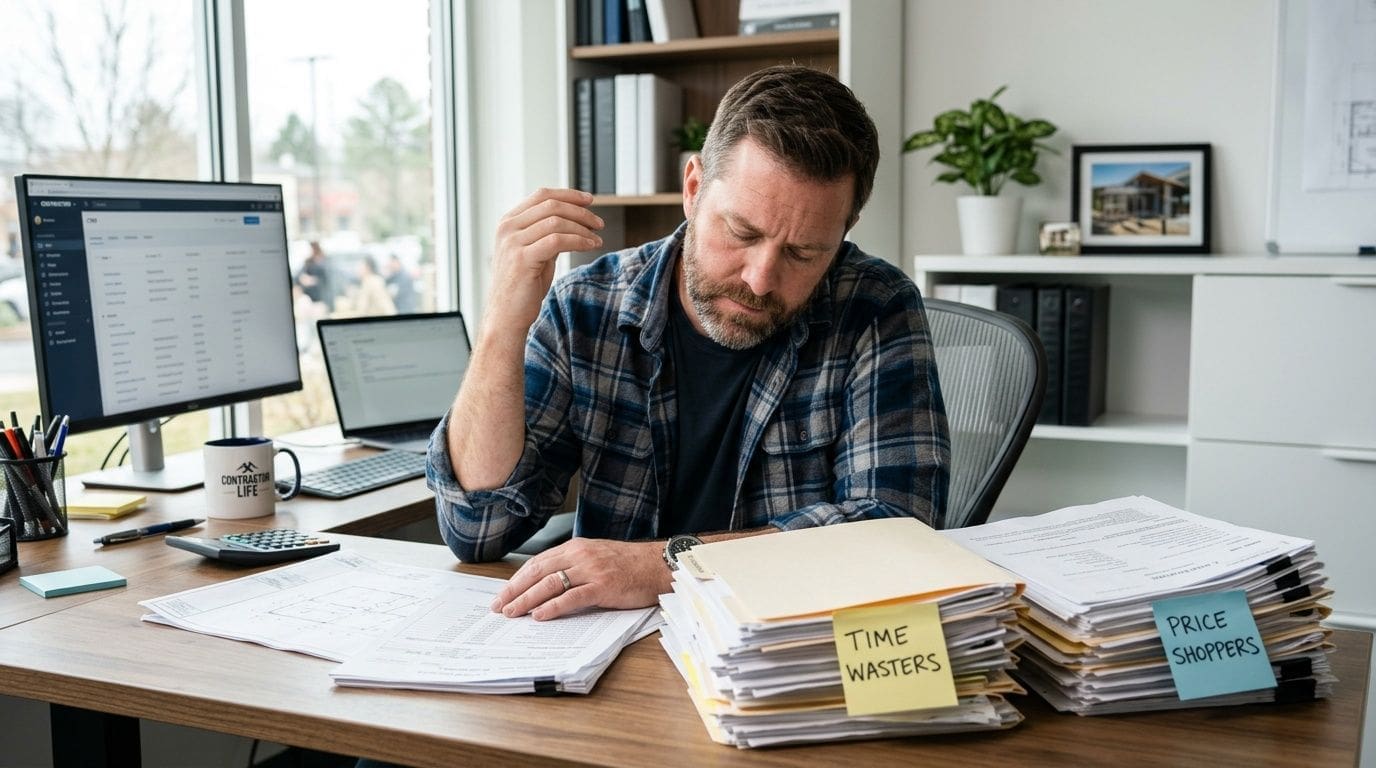 A man in a plaid shirt looking stressed while working at an office desk with paperwork.