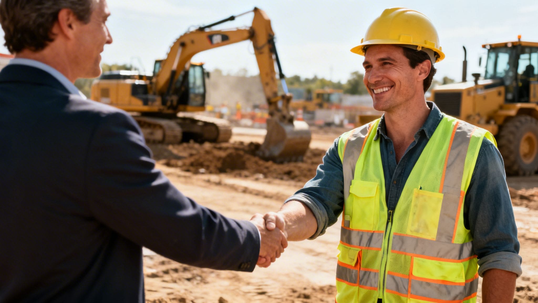 A professional man in a suit shaking hands with a smiling construction worker on a busy job site.