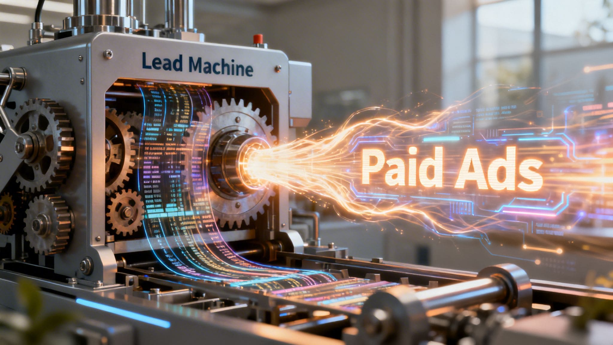 A digital machine labeled Lead Machine processing glowing code into a bright Paid Ads holographic projection.