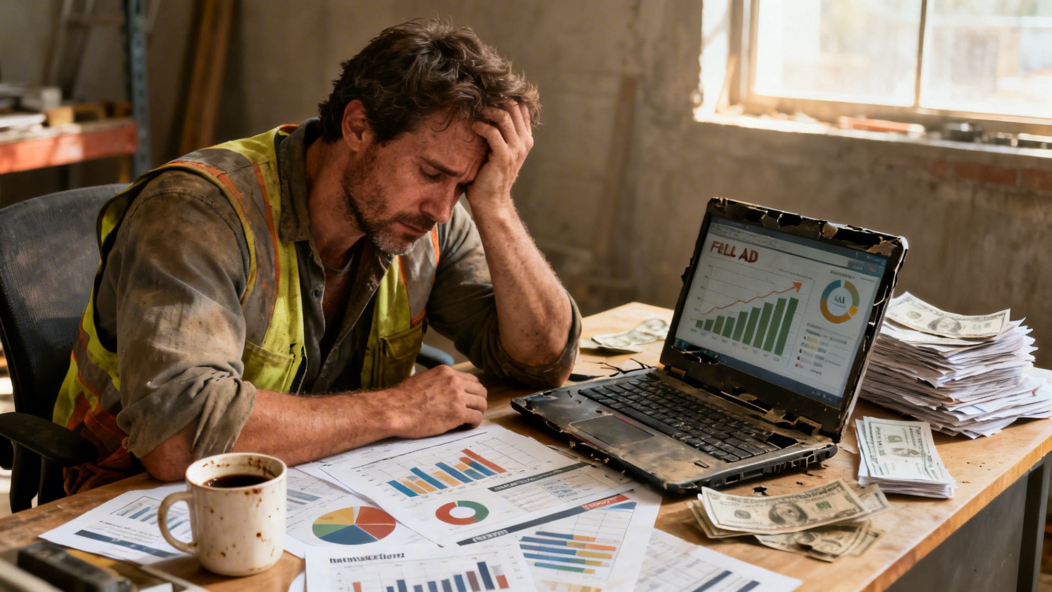 A tired, stressed construction worker sitting at a desk with charts, graphs, and cash, looking at a laptop.