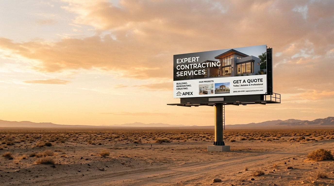 A large billboard for Apex Contracting Services stands in a vast, empty desert landscape at sunset.