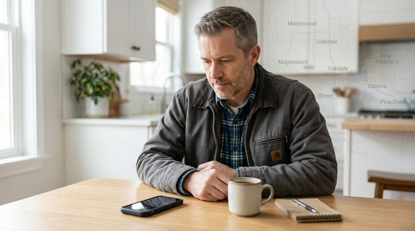A thoughtful man sits at a table with a phone, coffee, and notepad, a map subtly visible.