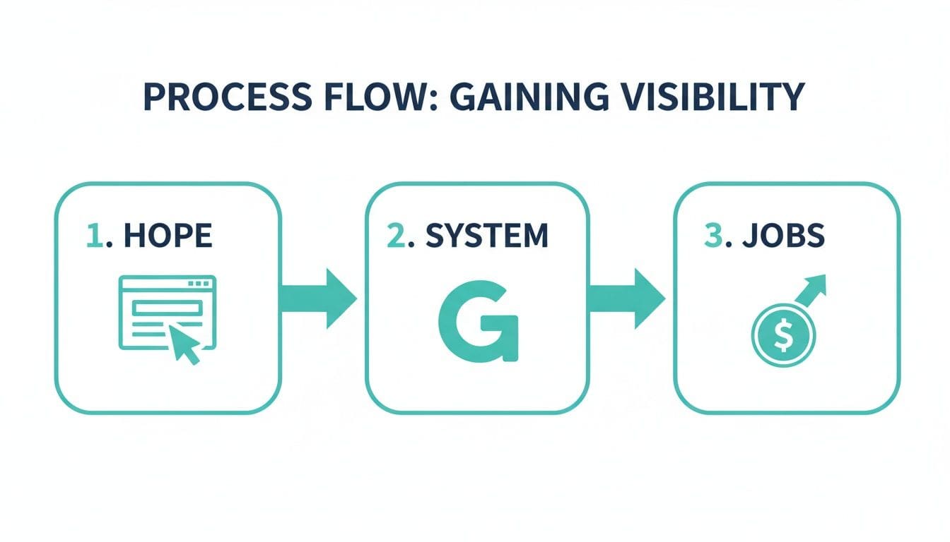 A process flow diagram illustrating three steps for gaining visibility: Hope, System G, and Jobs with corresponding icons.