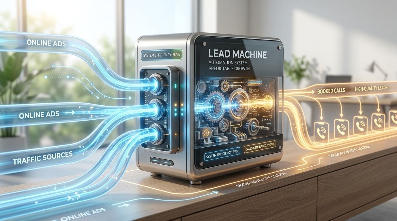 A futuristic lead machine automation system converting online traffic into high-quality booked calls for business growth.