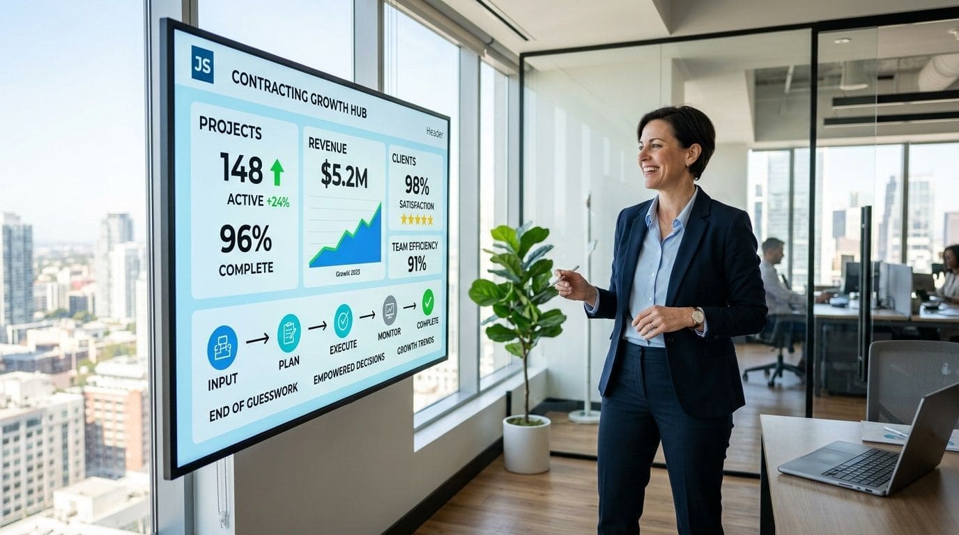 A businesswoman presenting growth metrics and workflow stages on a digital display board in a modern office.
