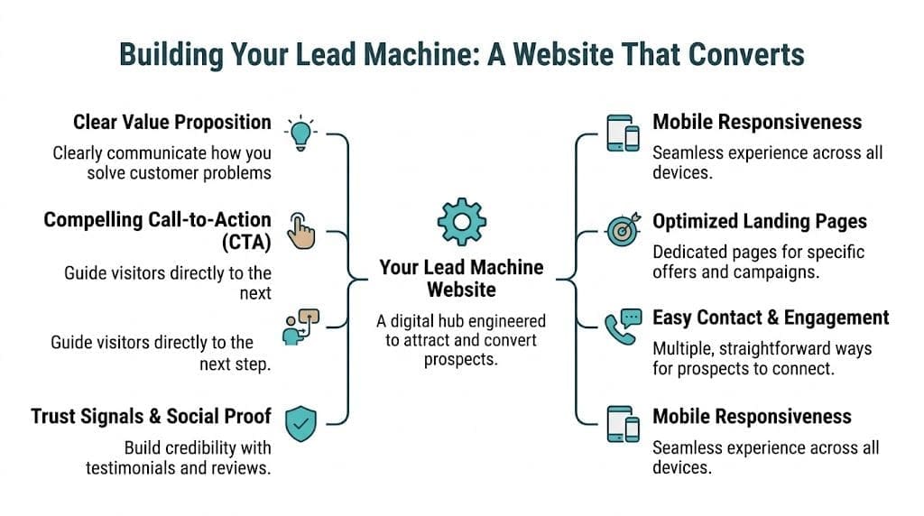 A diagram outlining the essential components of a high-converting lead generation website to attract potential customers.