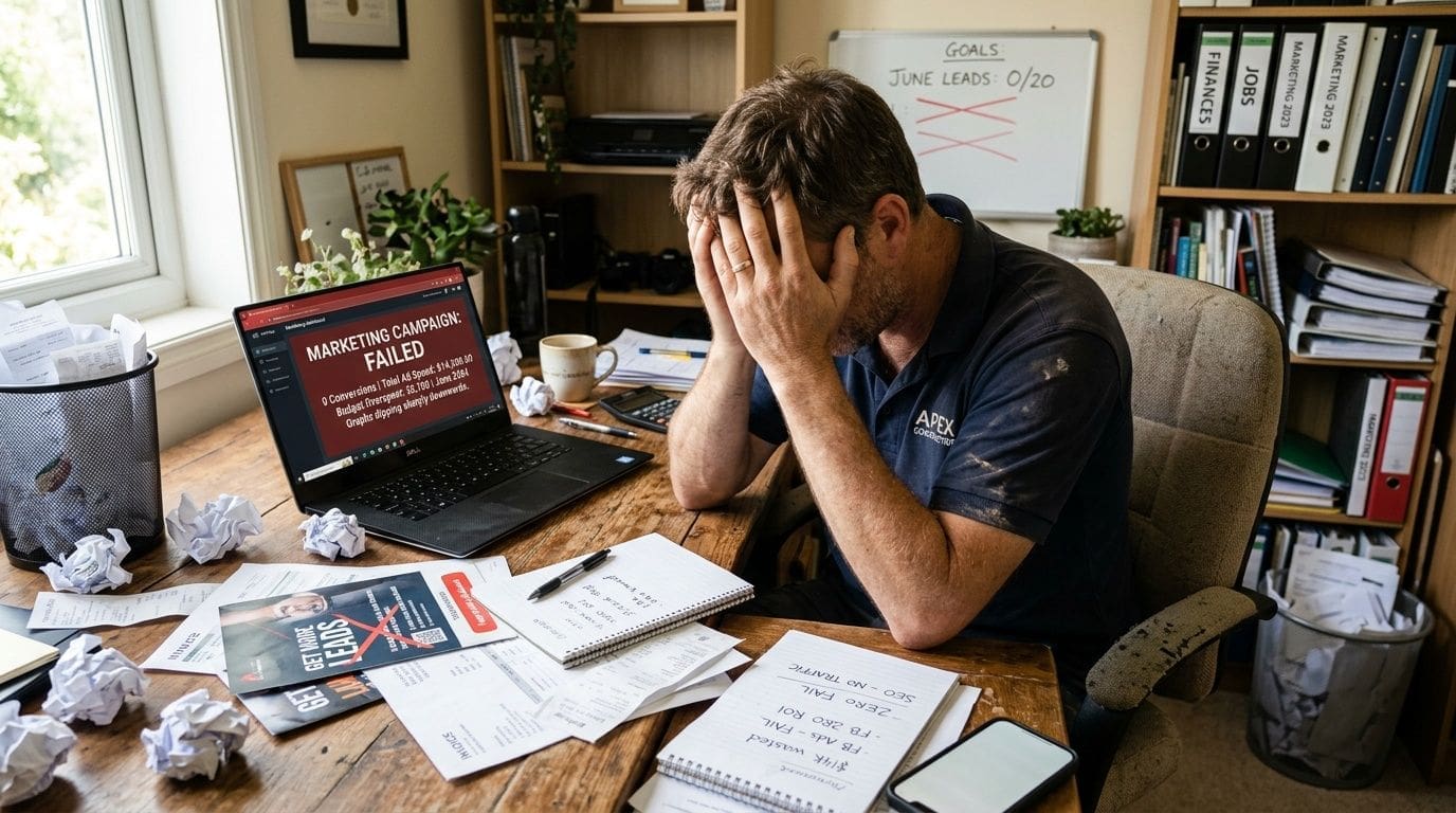 A frustrated businessman holding his head in his hands at a messy desk with marketing failure notifications.