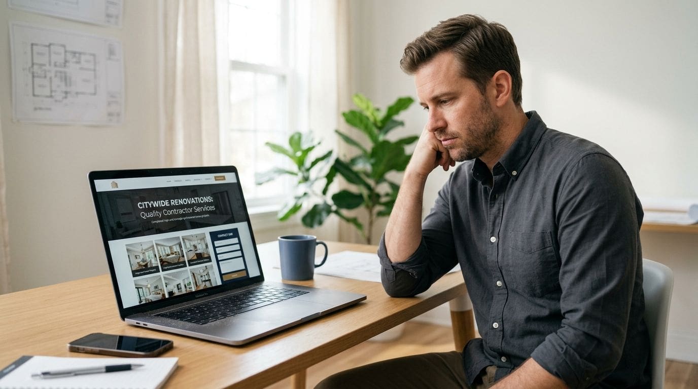 A professional man sitting at a wooden desk viewing a contractor services website on a laptop.
