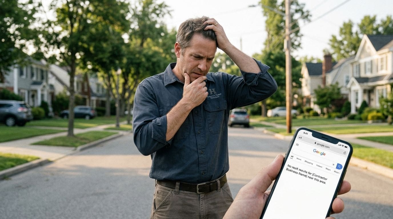 A concerned contractor looking at his phone while searching for local business results in his neighborhood.