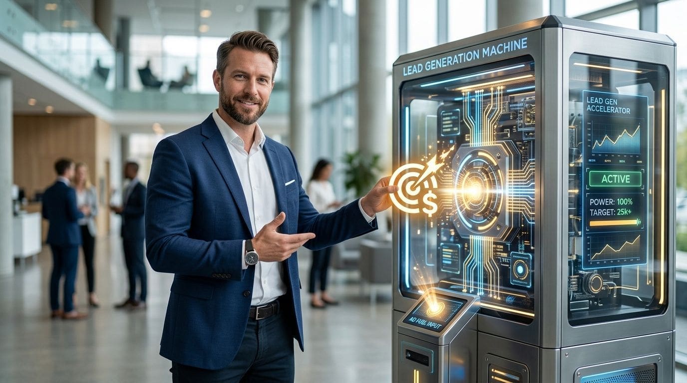 A professional man standing next to a futuristic digital lead generation machine in an office lobby.