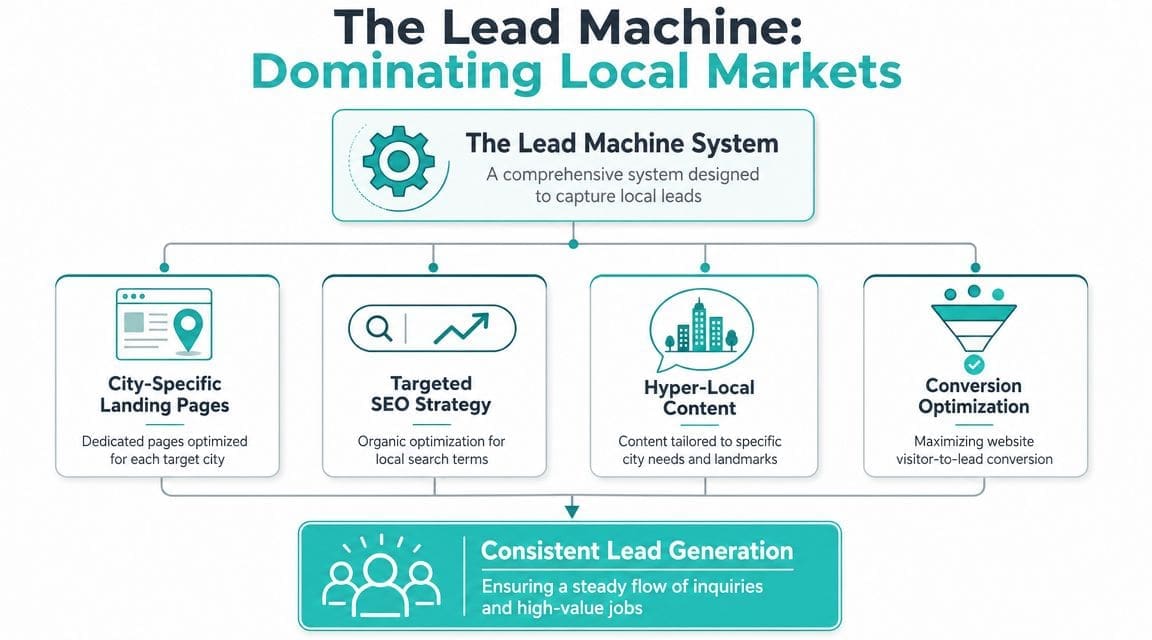 A flowchart diagram illustrating a systematic process for dominating local markets and generating consistent business leads.