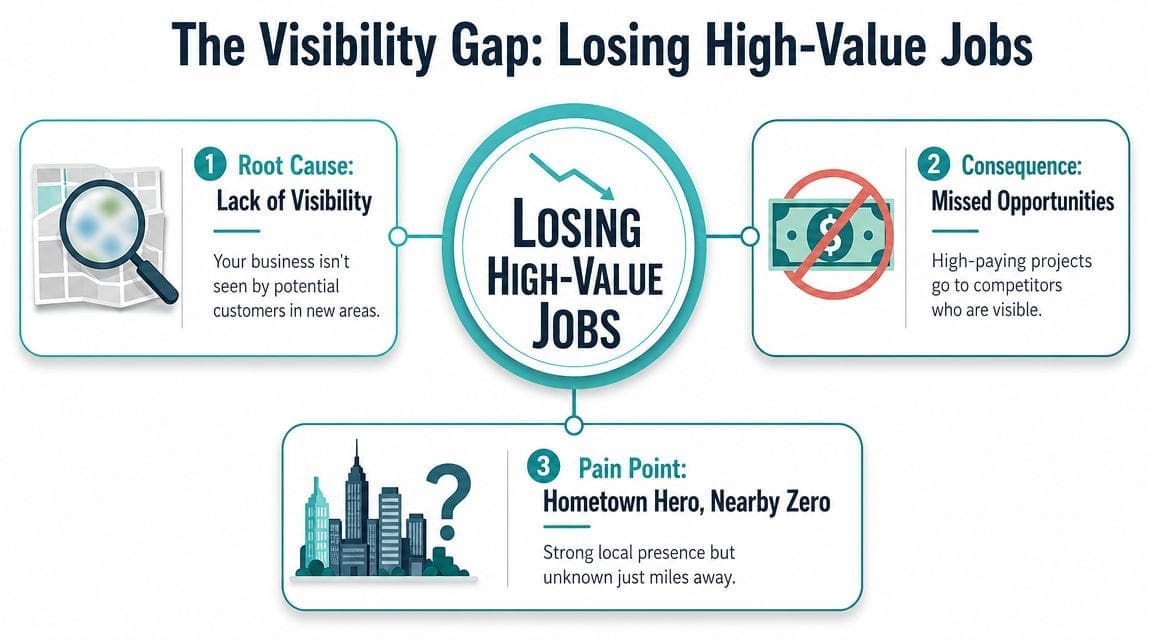 A diagram explaining how lack of visibility causes contractors to lose high-value jobs in new service areas.