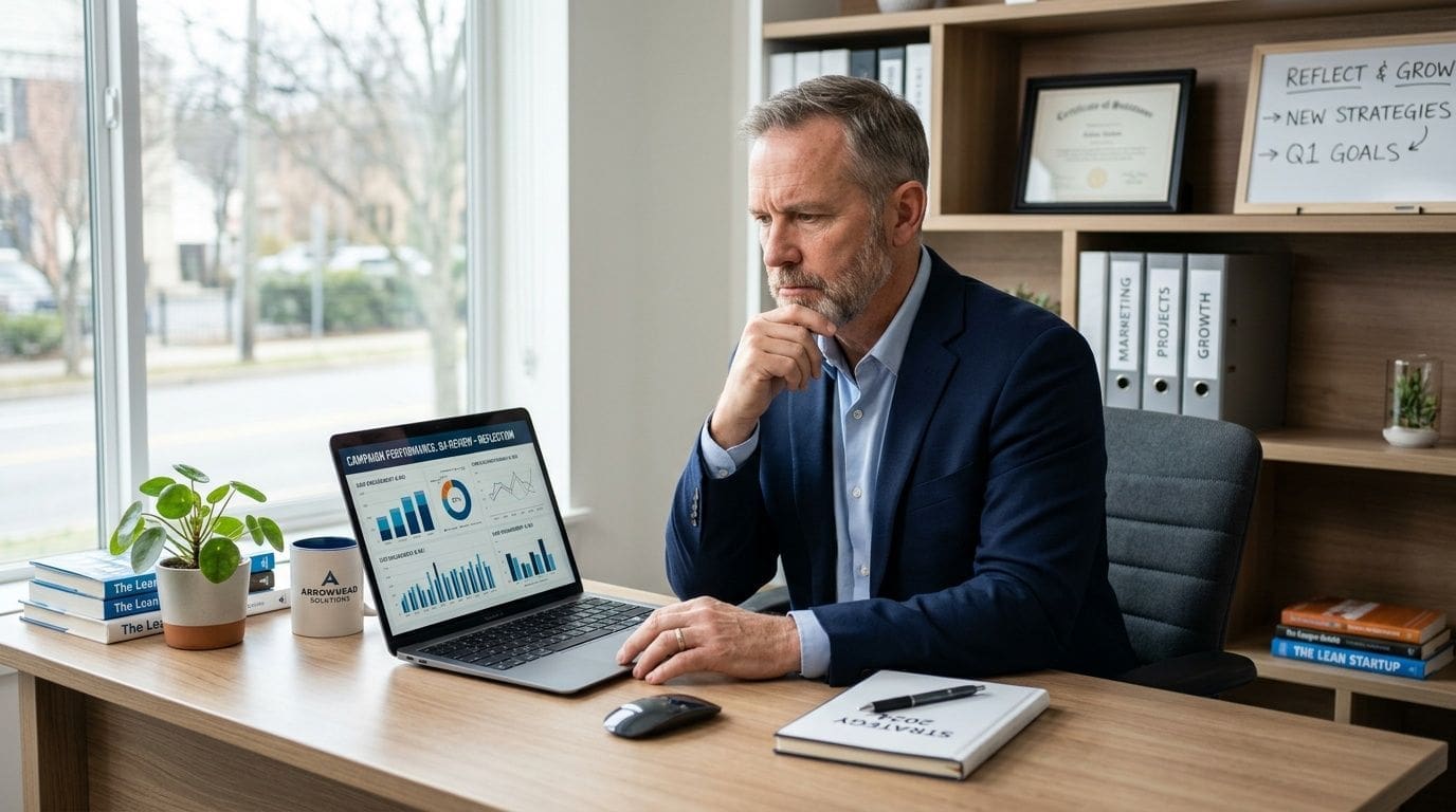 A professional man in a business suit analyzing digital marketing campaign data on his laptop.