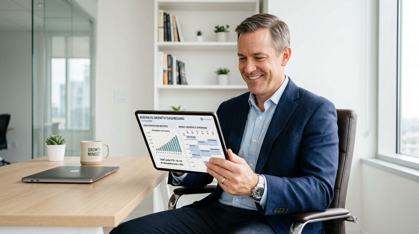 A professional man in a business suit reviewing business growth analytics on a digital tablet at his office desk.