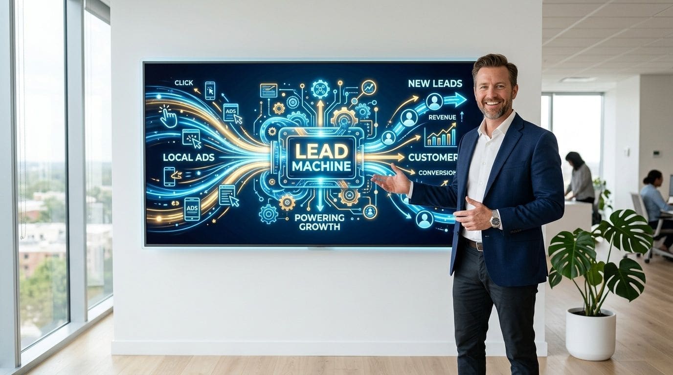 A professional man gesturing towards a digital screen displaying a graphic about a lead generation machine.