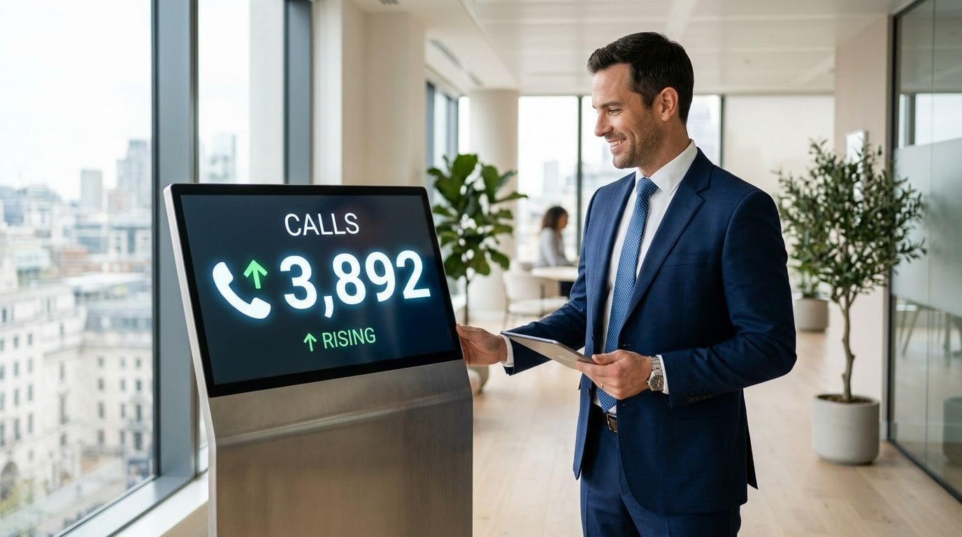 A professional businessman looking at a digital monitor displaying call statistics and a rising trend in an office.
