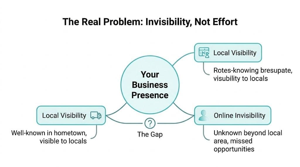 A diagram illustrating how business presence is affected by both local visibility and online invisibility gaps.