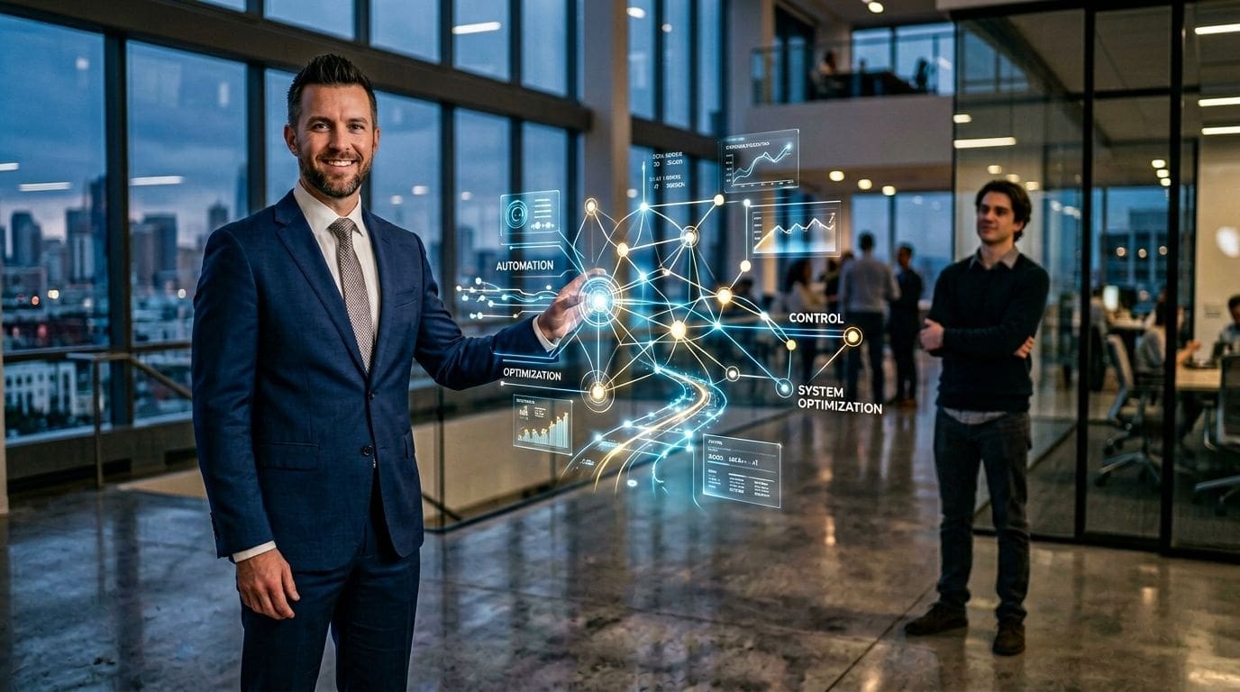A professional businessman interacts with a futuristic holographic data visualization interface in a modern office space.