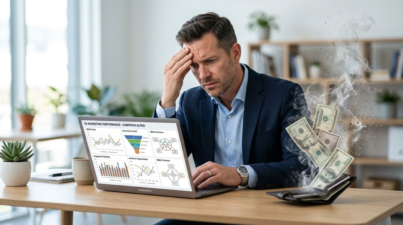 A stressed businessman looking at his laptop screen as money burns away from his wallet on the desk.
