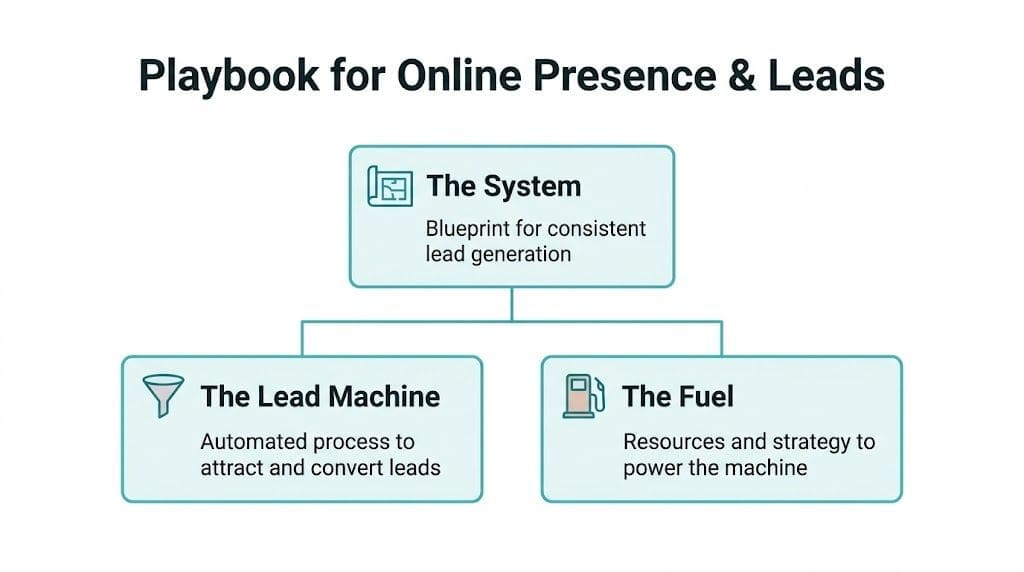 A diagram illustrating a playbook for online presence consisting of a system, a lead machine, and fuel.